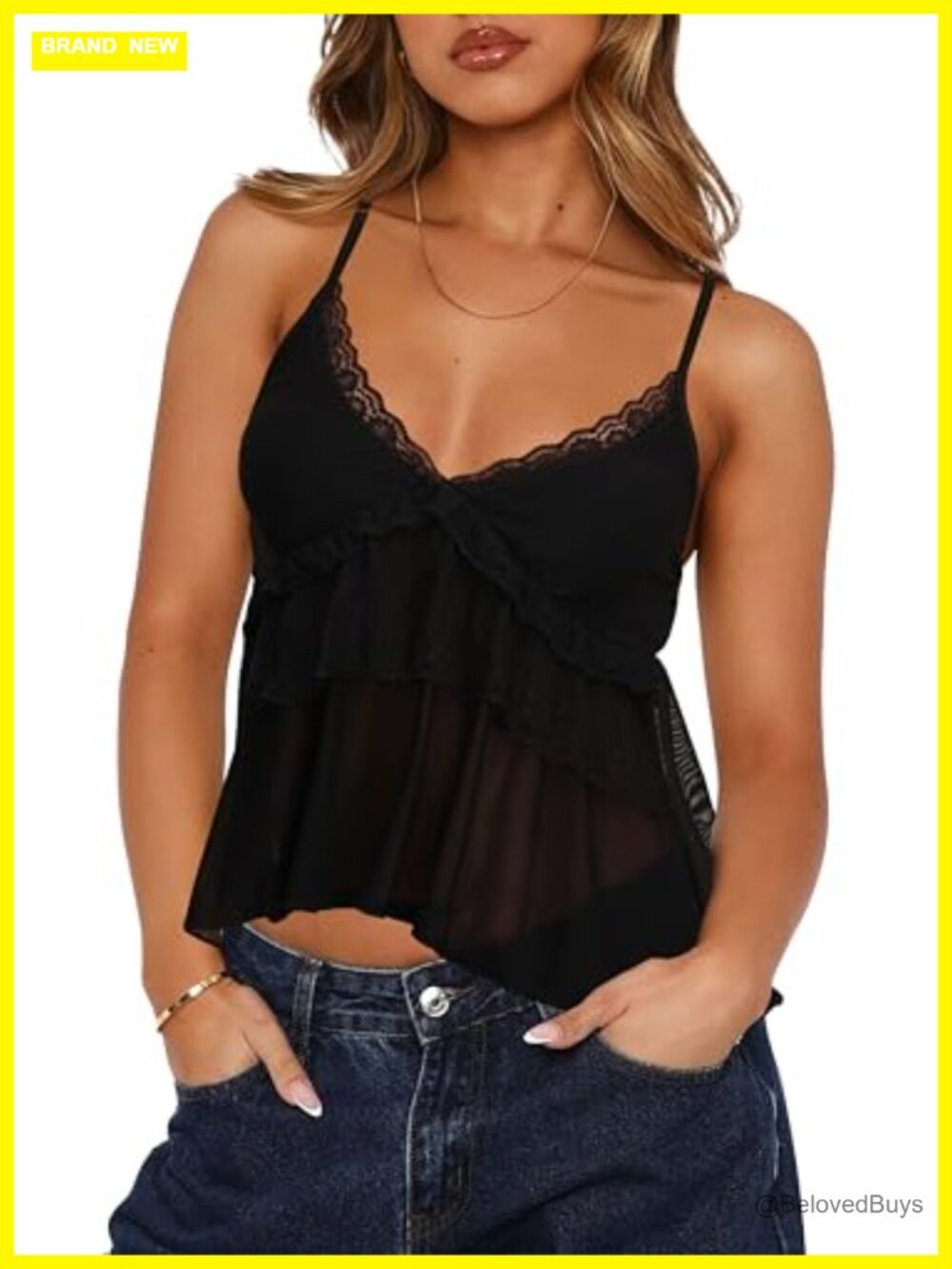 Sheer Mesh Lace Cami Top Deep V Neck Spaghetti Strap Babydoll Tank Ruffle